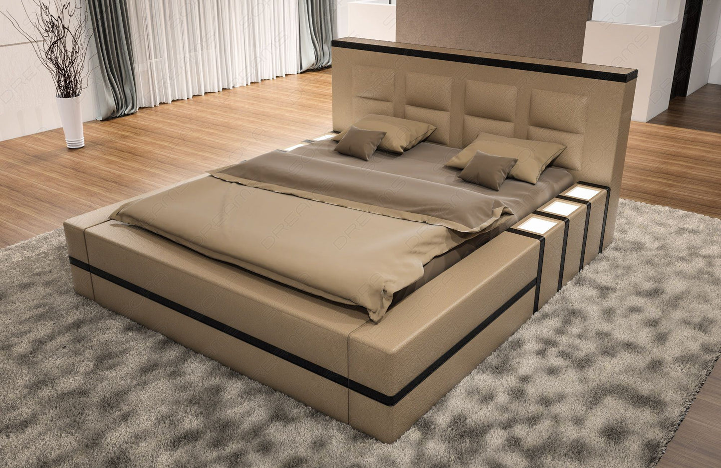 Modernes Wasserbett mit Beleuchtung Komplett- Set sandbeige schwarz
