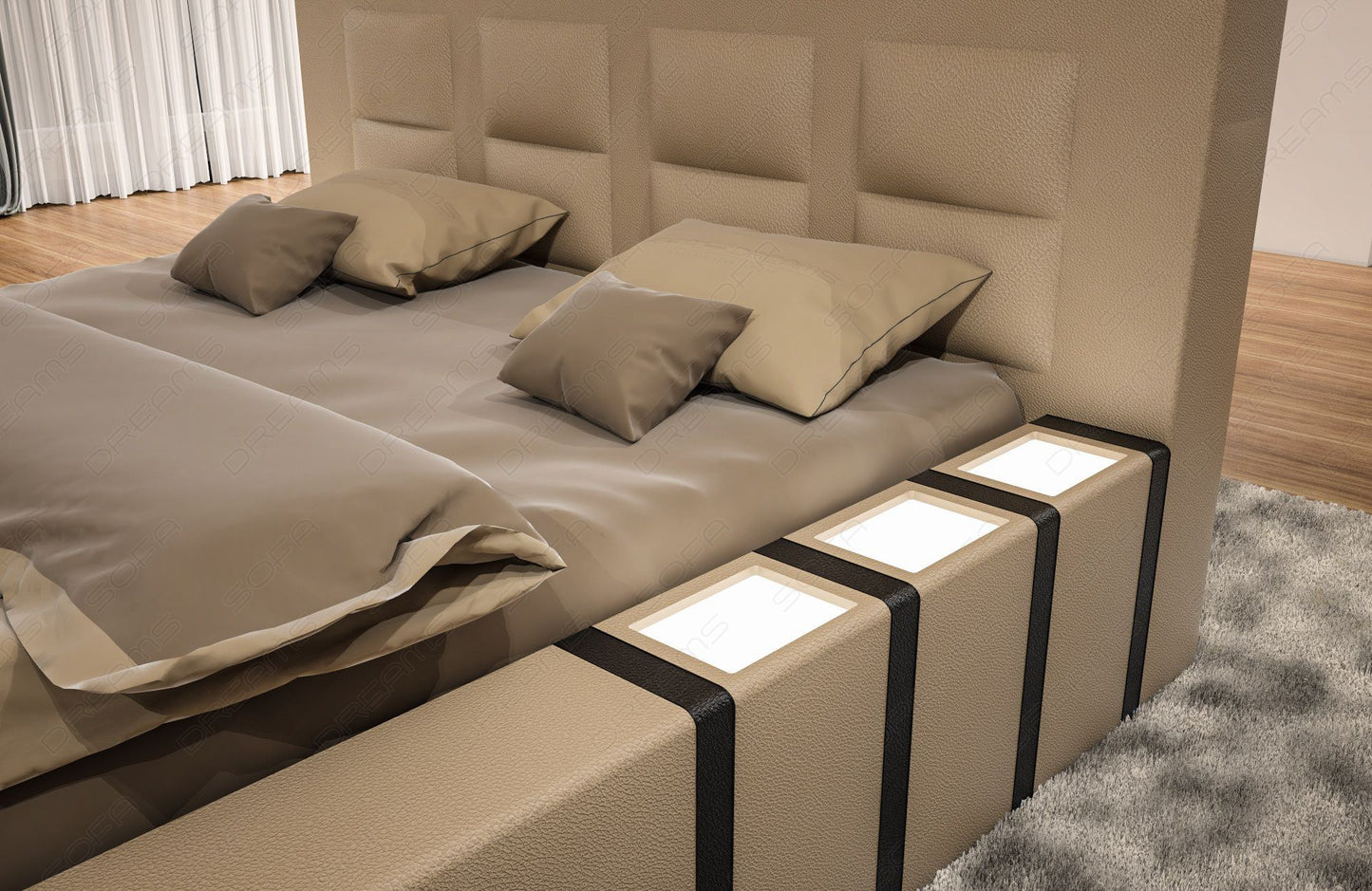 Hochwertiges Lederbett Komplett in sandbeige schwarz