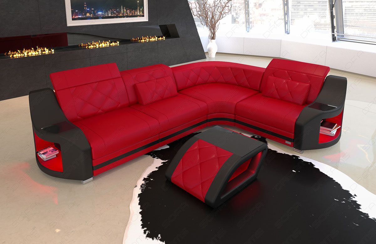 moderne Eckcouch Genua mit LED Beleuchtung in rot - schwarz