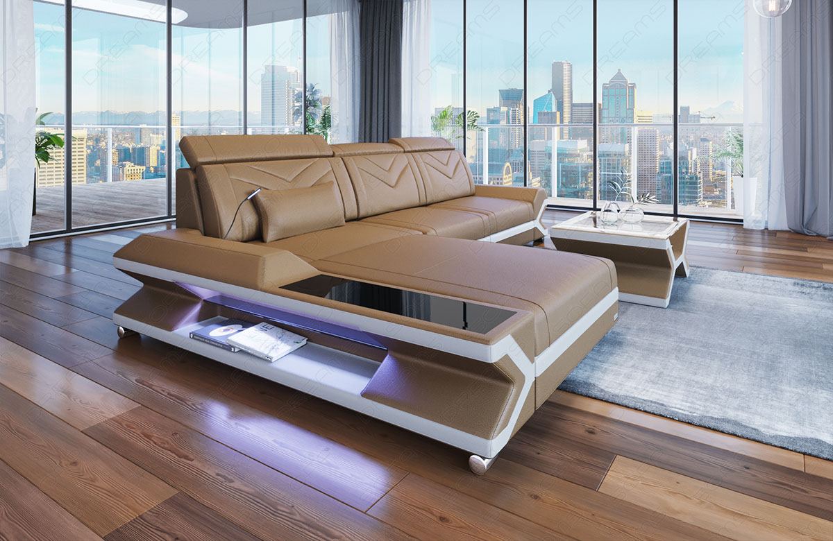 Leder Ecksofa Napoli in sandbeige-weiss