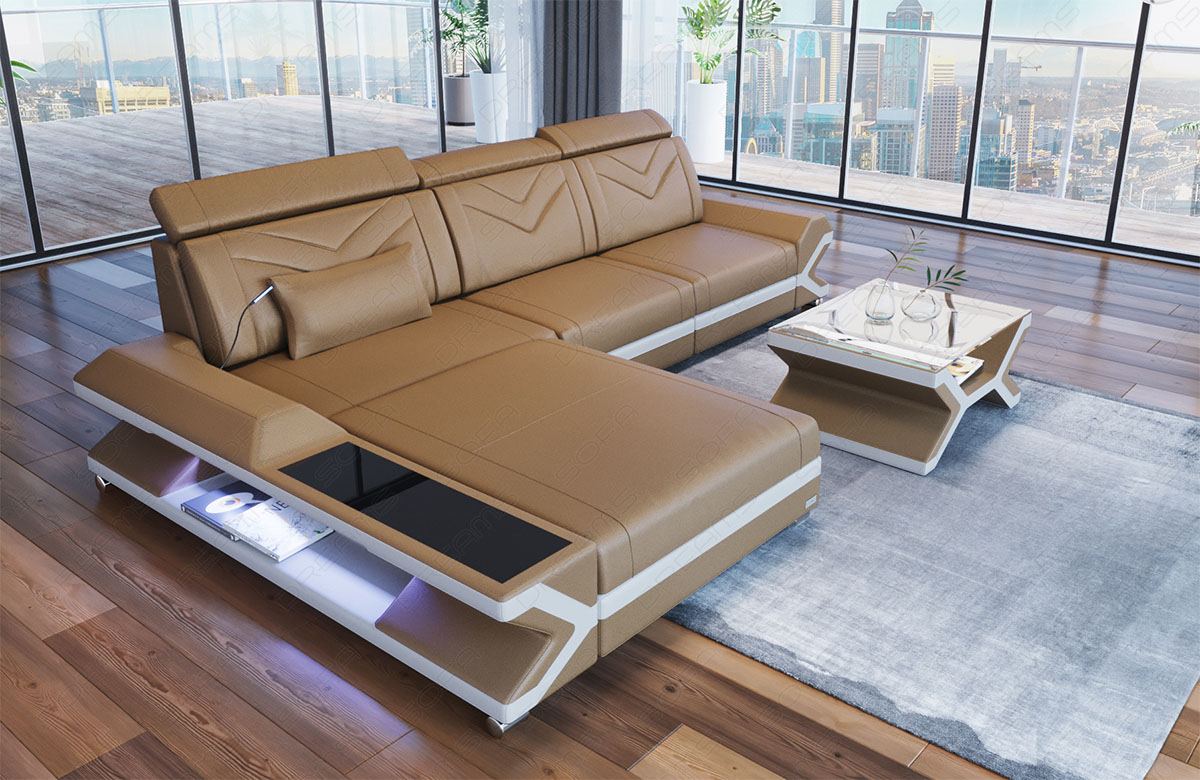 Eckcouch Leder Napoli sandbeige-weiss