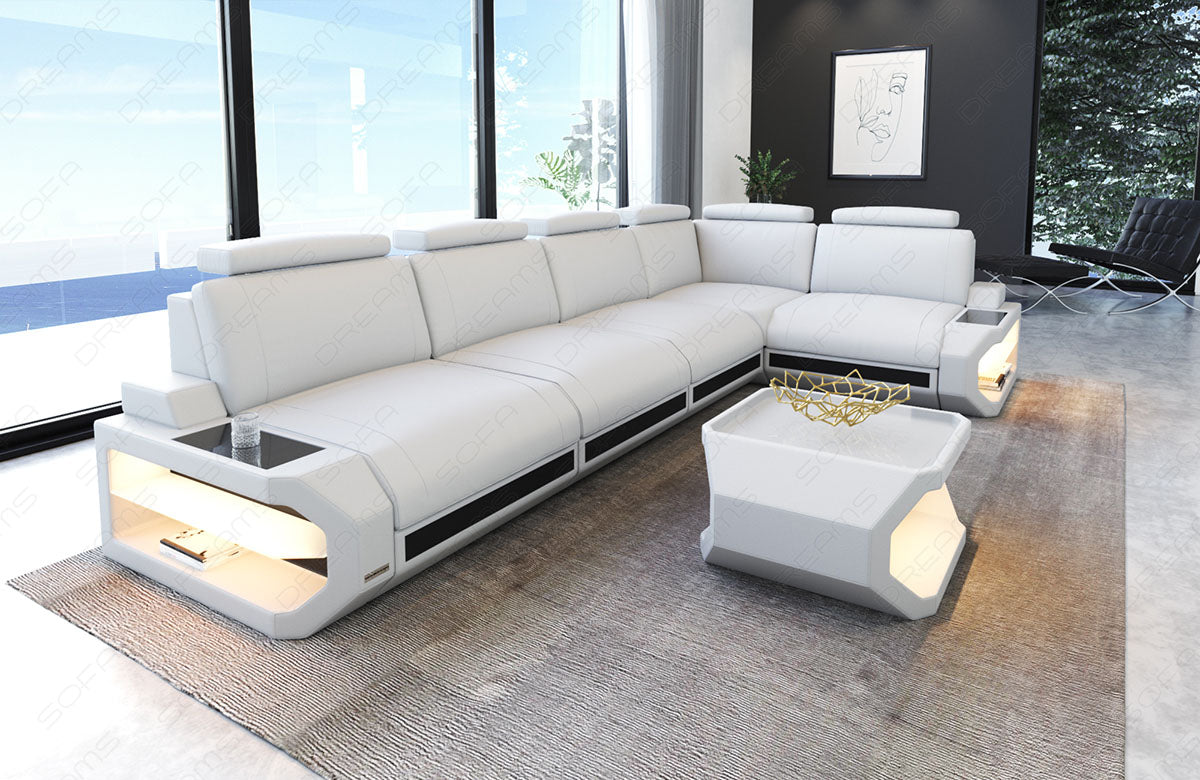 Leder Ecksofa Siena L Form lang in weiß-schwarz