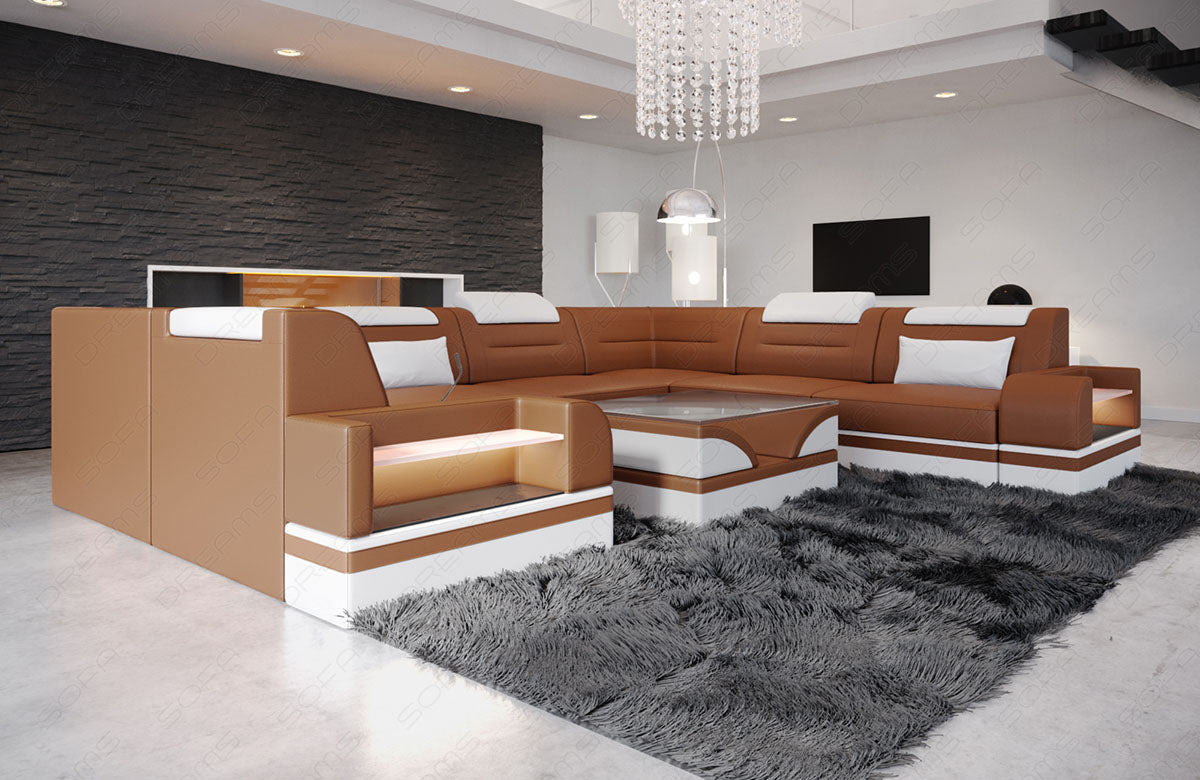 Leder Sofa Wohnlandschaft Trivento U Form in hellbraun-weiß