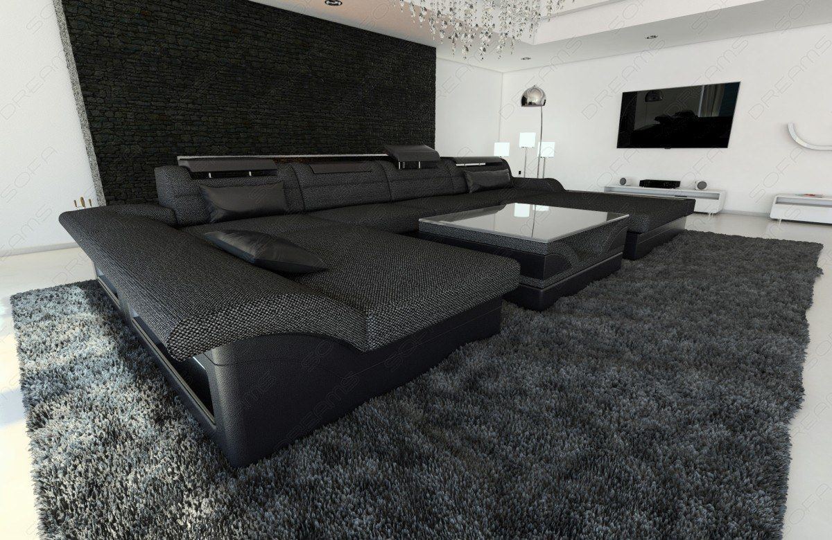U Form Mini Sofa Monza mit LED und Stoffbezug in schwarz-grau - Hugo12 Strukturstoff