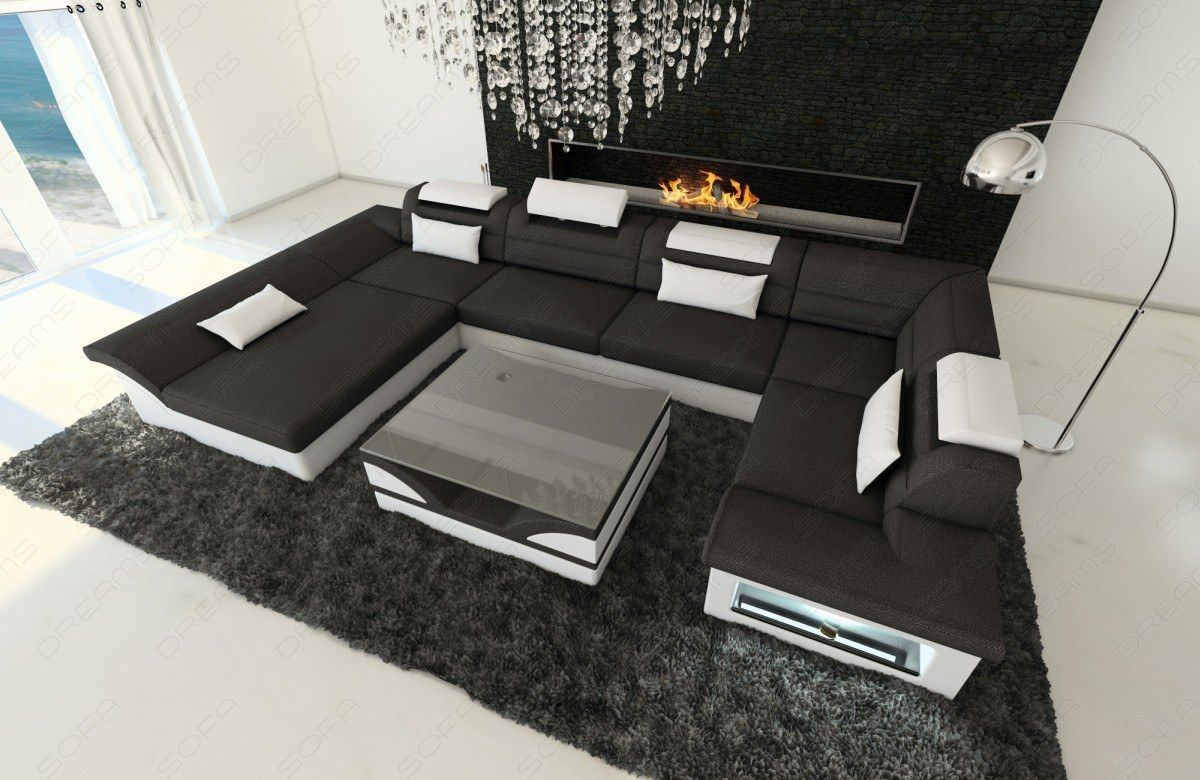 Stoffcouch Enzo U Form mit LED - schwarz Hugo 14 - weiss