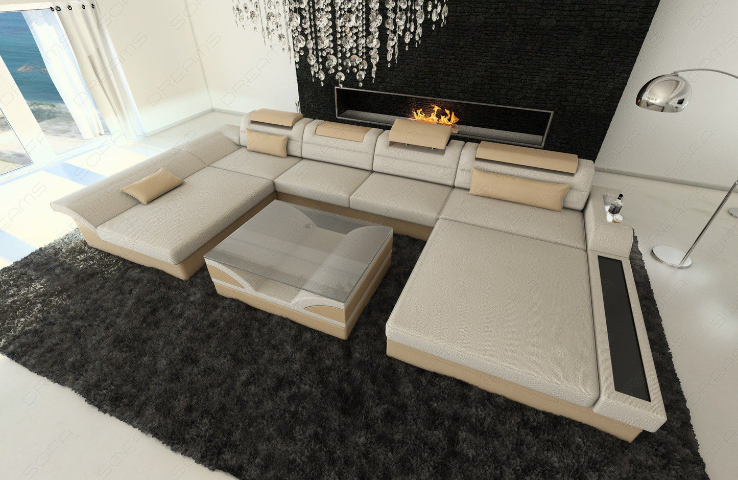 U Form Mini Sofa Monza mit LED und Stoffbezug in elfenbein - Hugo1 Strukturstoff