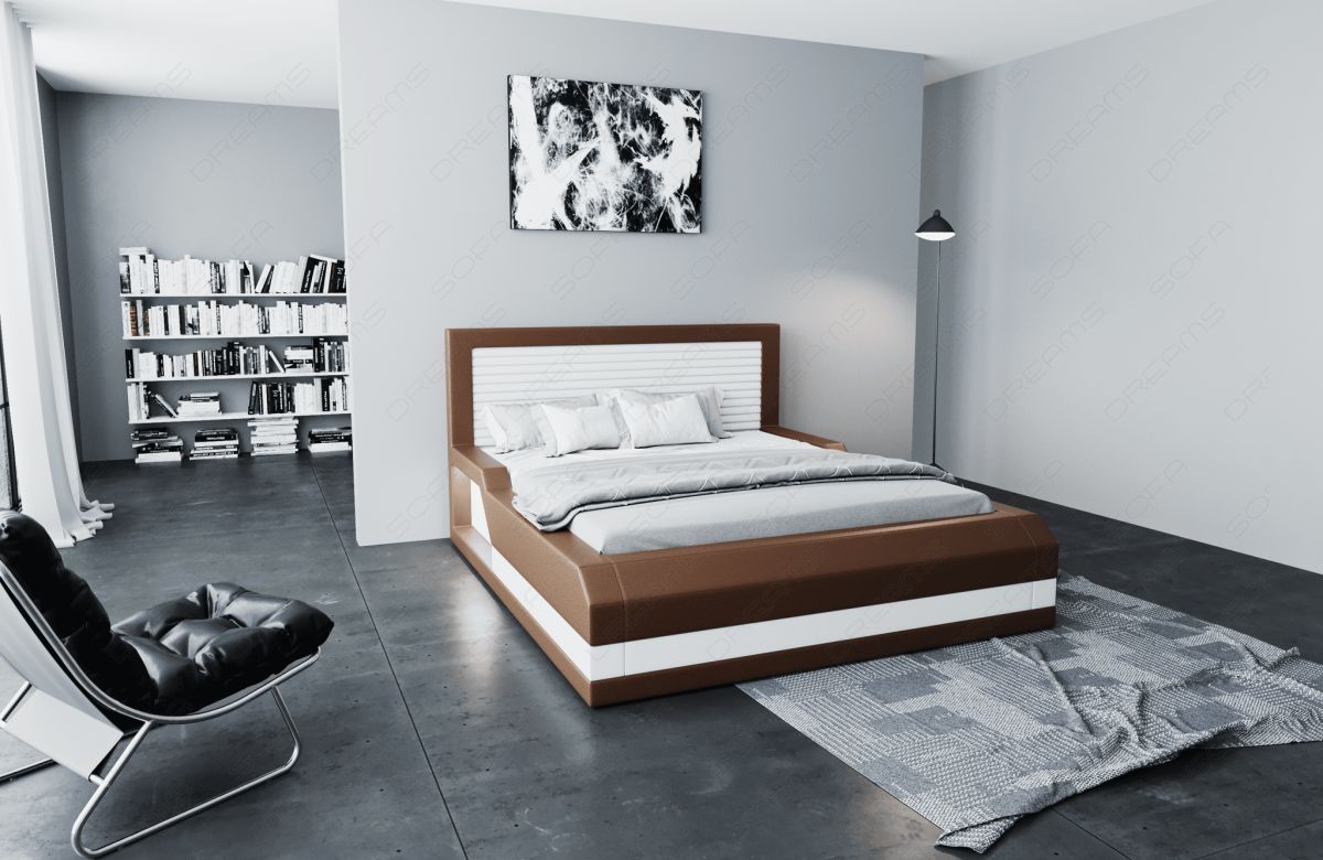 Design Wasserbett Treviso mit LED Beleuchtung in dunkelbraun-weiß - Bezug Kunstleder Premium
