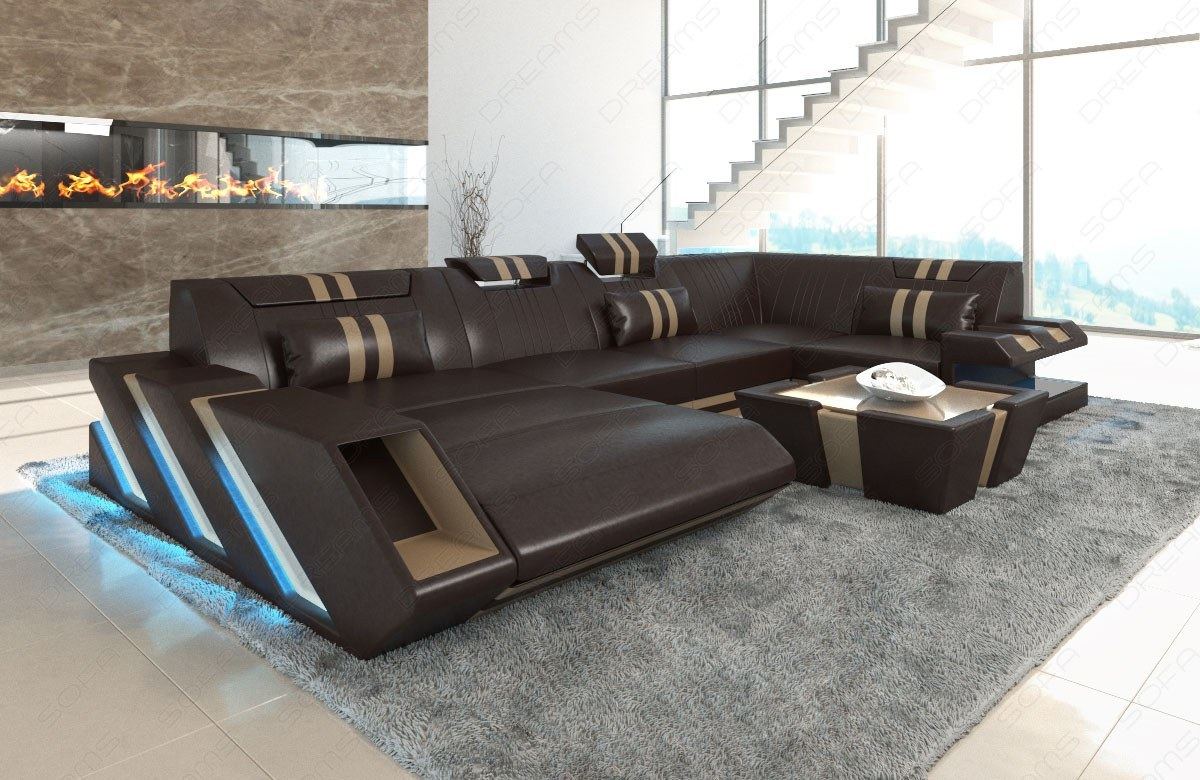 Leder Wohnlandschaft Apollonia U Form mit LED in dunkelbraun-sandbeige