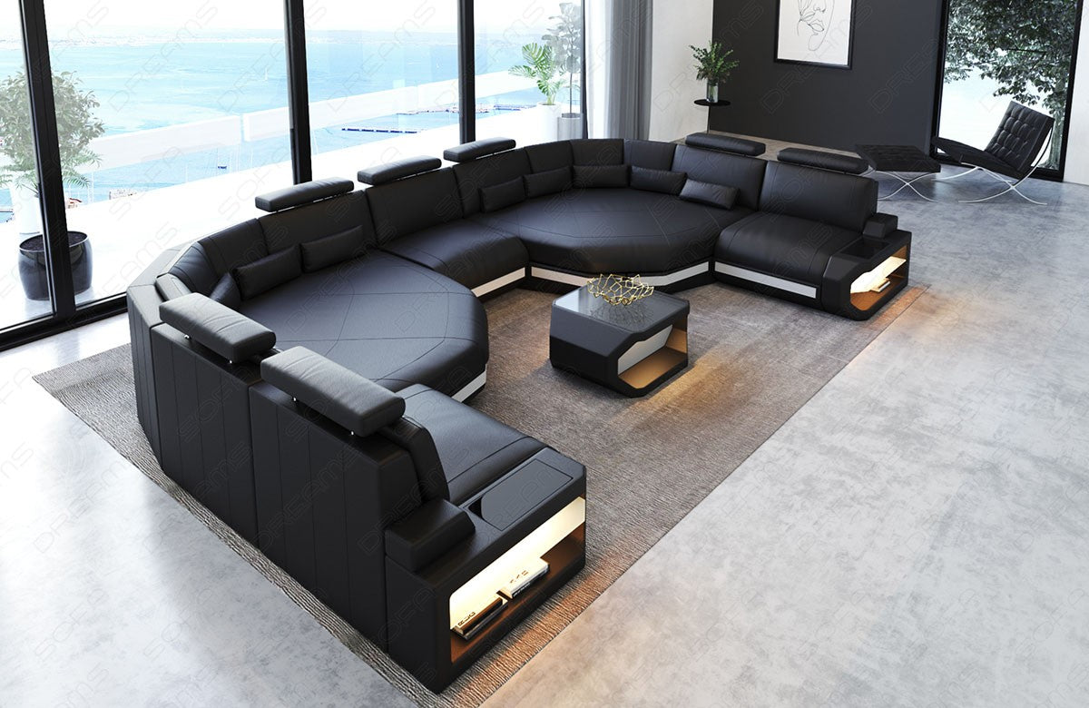 Luxus Leder Wohnlandschaft Asti XXL mit 2 Relax Ecken und LED Beleuchtung. Couchtisch und USB Anschlüsse sind optional erhältlich.
