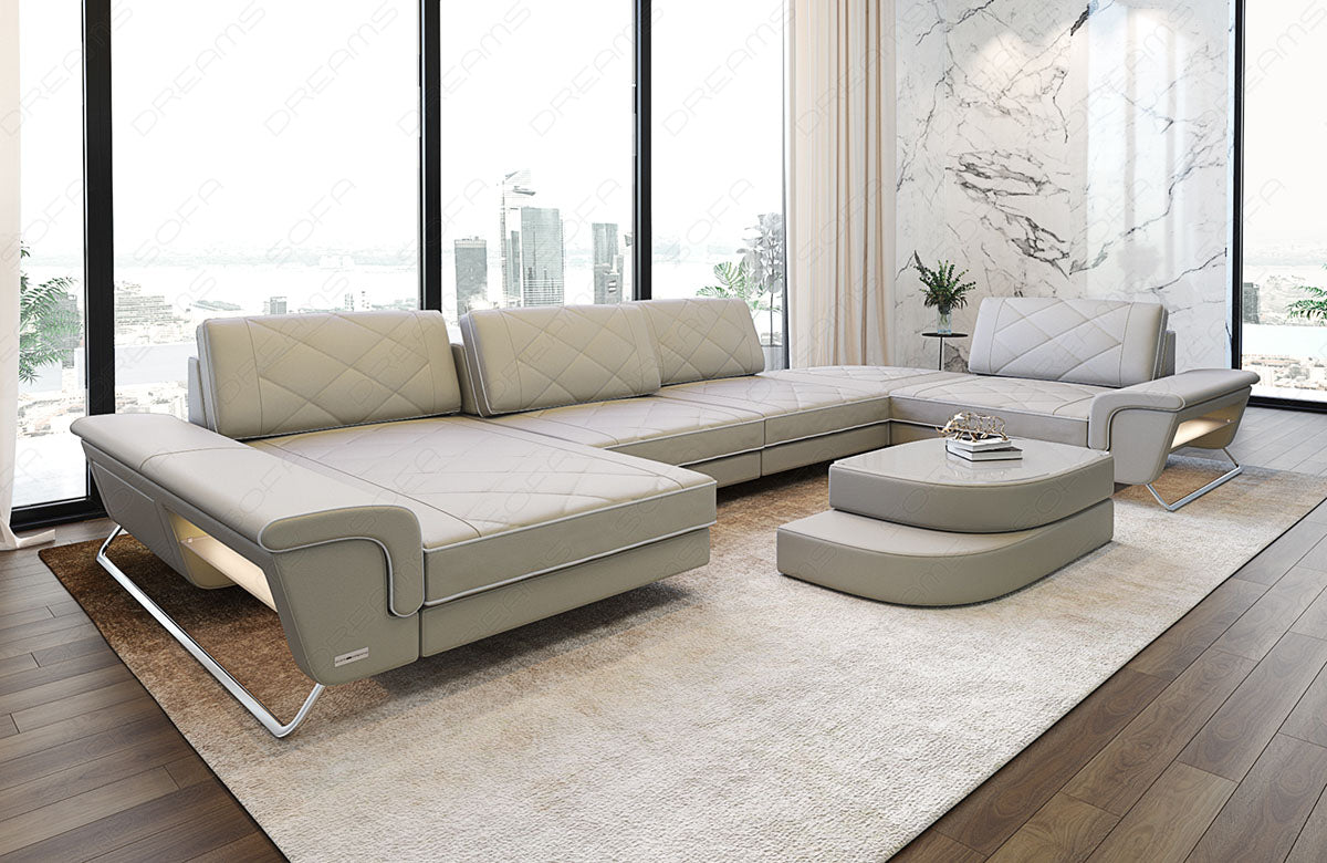 Moderne Leder Wohnlandschaft Bari U Form in beige-weiß
