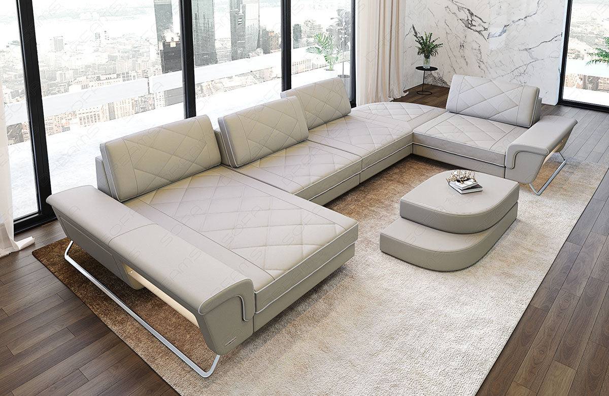 Leder Wohnlandschaft Bari U Form in beige-weiß