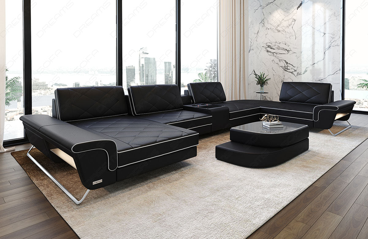 Design Leder Wohnlandschaft Bari U Form in schwarz-weiß