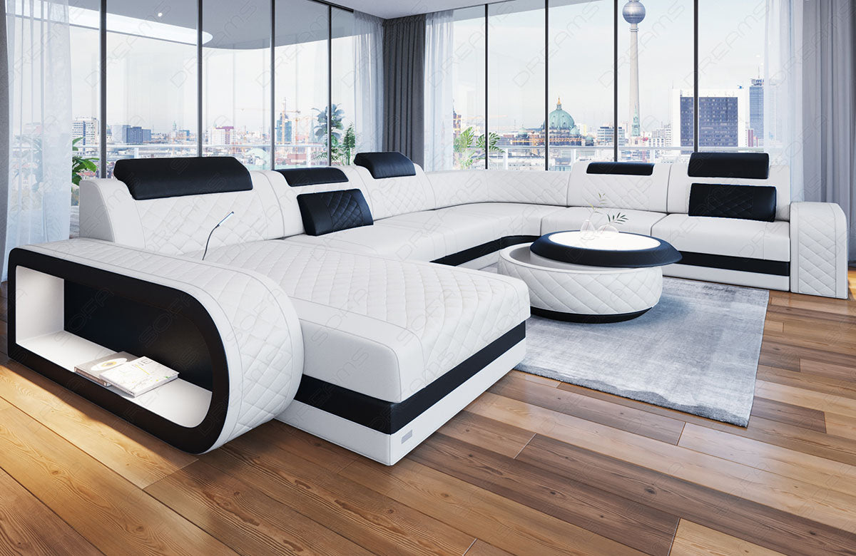 Mini U Form Ledersofa Berlin XXL mit schmalen Sitzflächen in Farbe weiss - schwarz