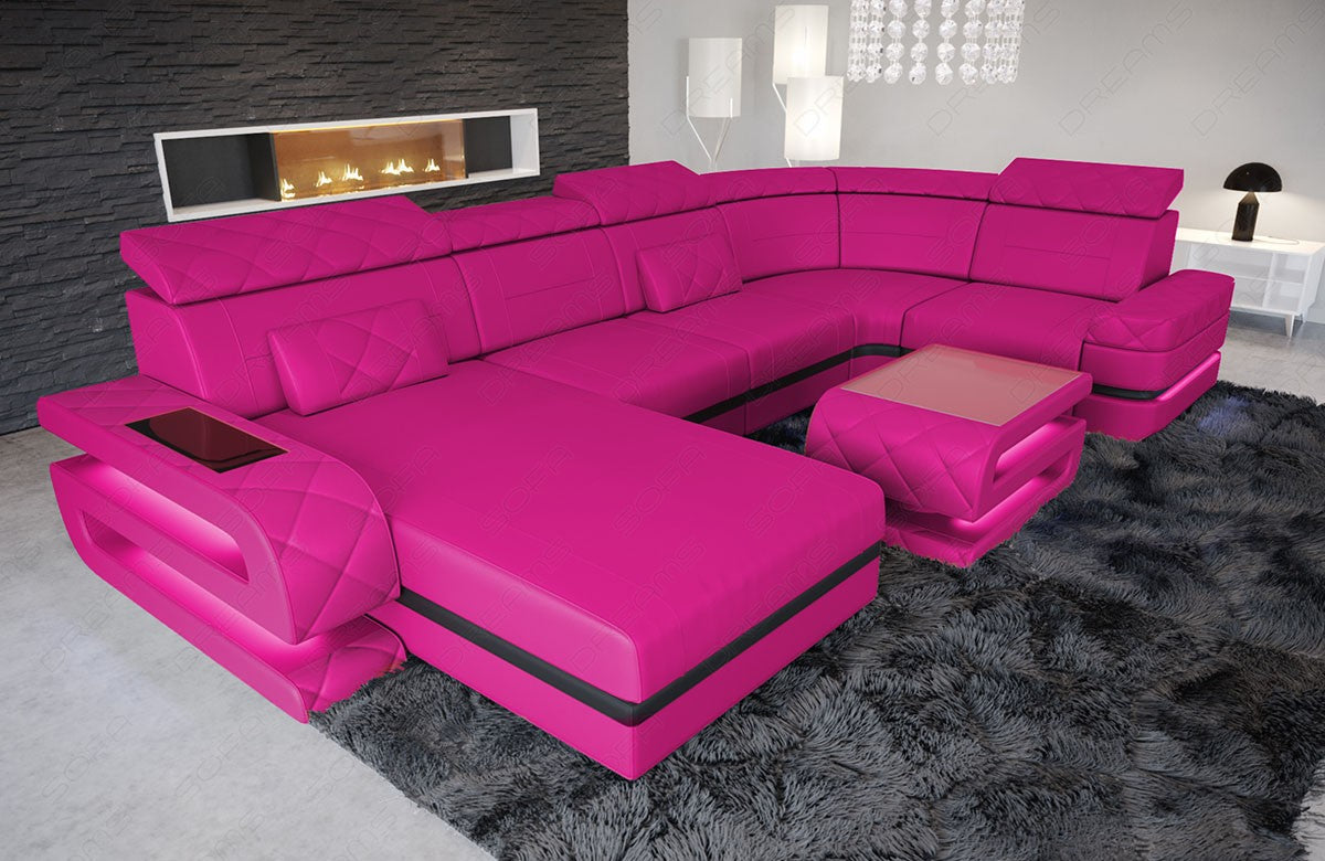 Modernes Ledersofa Bologna U Form in pink-schwarz. Die Farbe "pink" ist nur bei Kunstleder Premium möglich