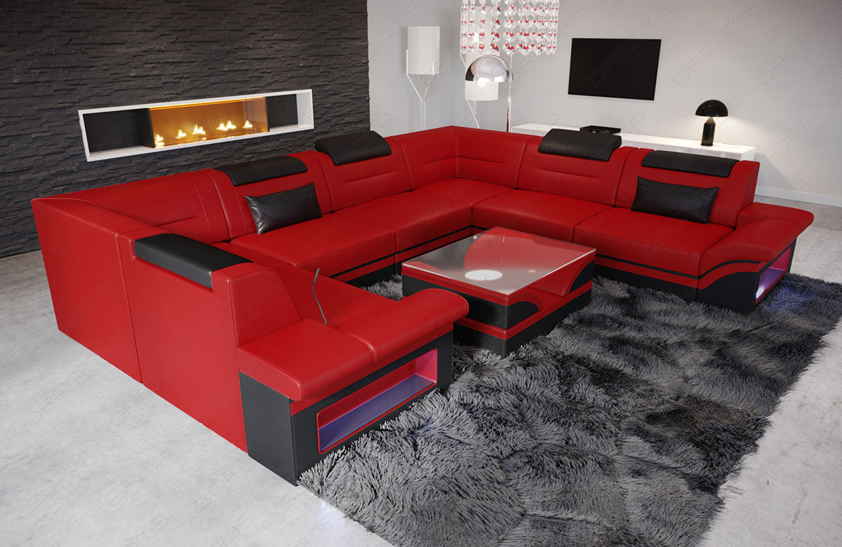 Leder Wohnlandschaft Brianza U Form in rot-schwarz