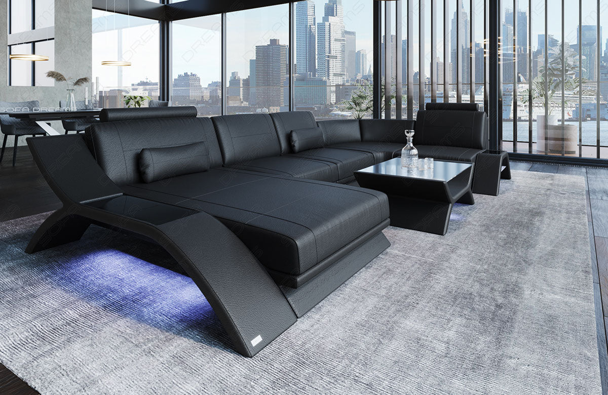 Design Leder Wohnlandschaft Calabria U Form in schwarz