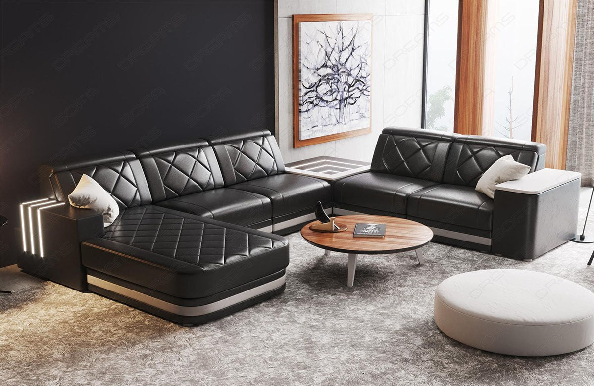 Moderne Leder Wohnlandschaft Cesena XXL in schwarz-weiß mit LED Beleuchtung.