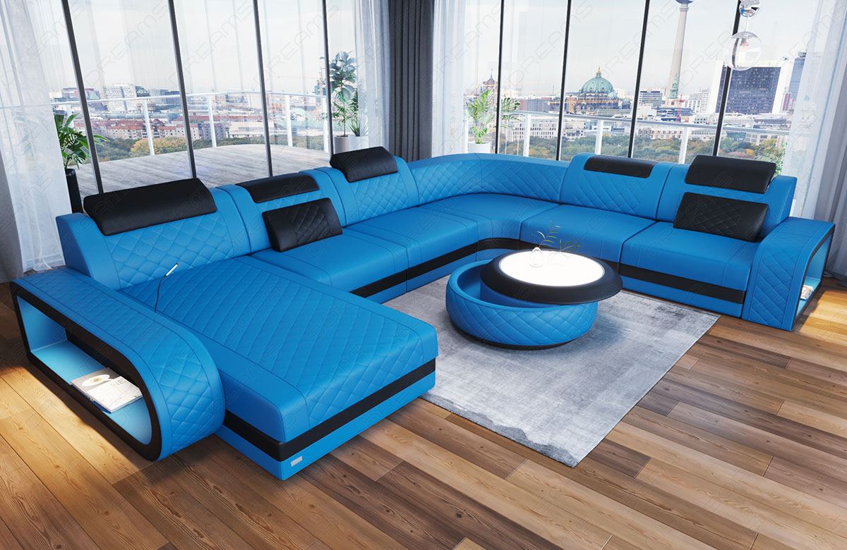 Mini U Form Ledersofa Berlin XXL mit schmalen Sitzflächen in Farbe blau - schwarz
