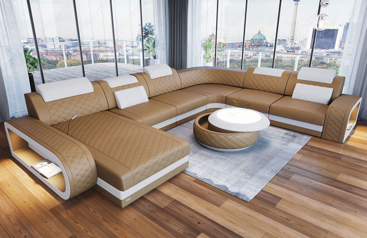 Mini U Form Ledersofa Berlin XXL mit schmalen Sitzflächen in Farbe sandbeige - weiss