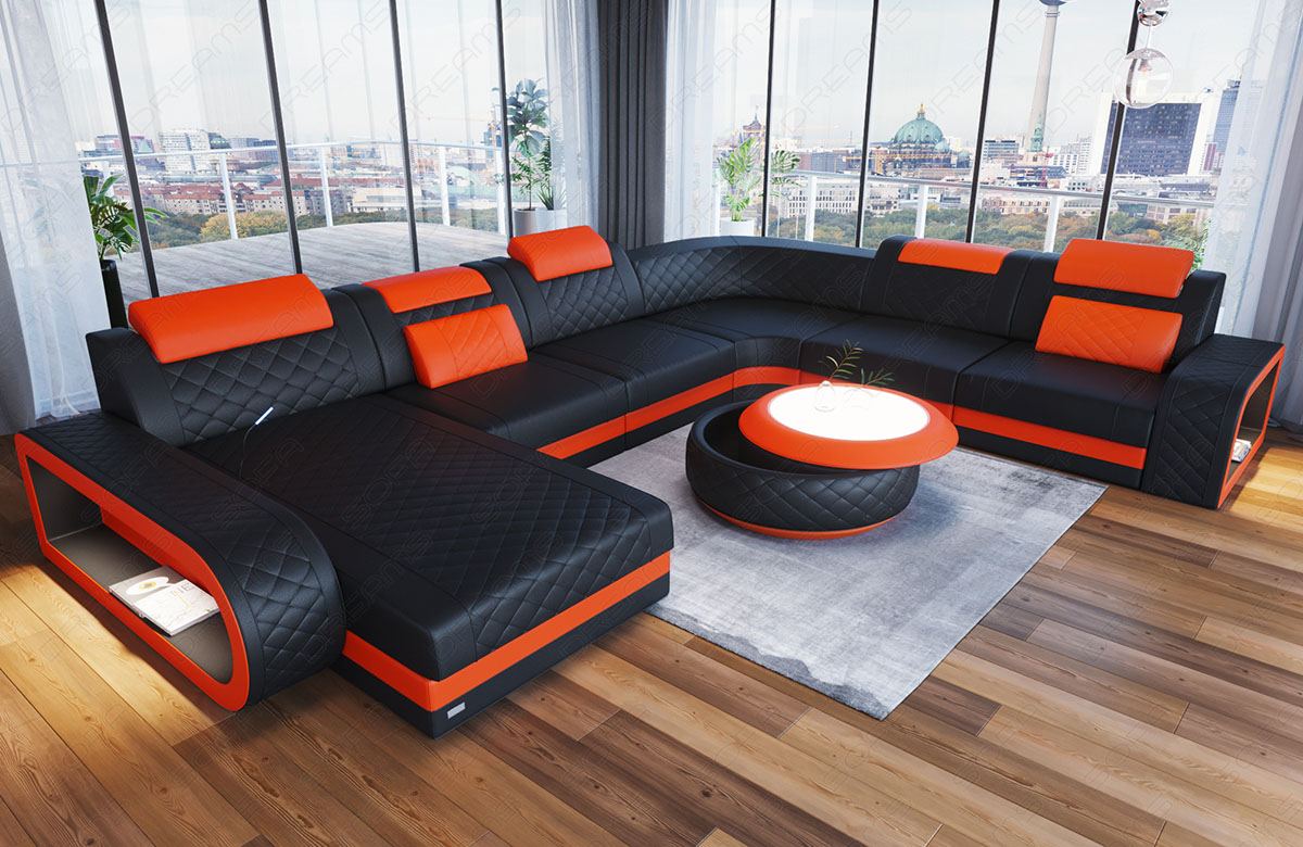 Mini U Form Ledersofa Berlin XXL mit schmalen Sitzflächen in Farbe schwarz - orange