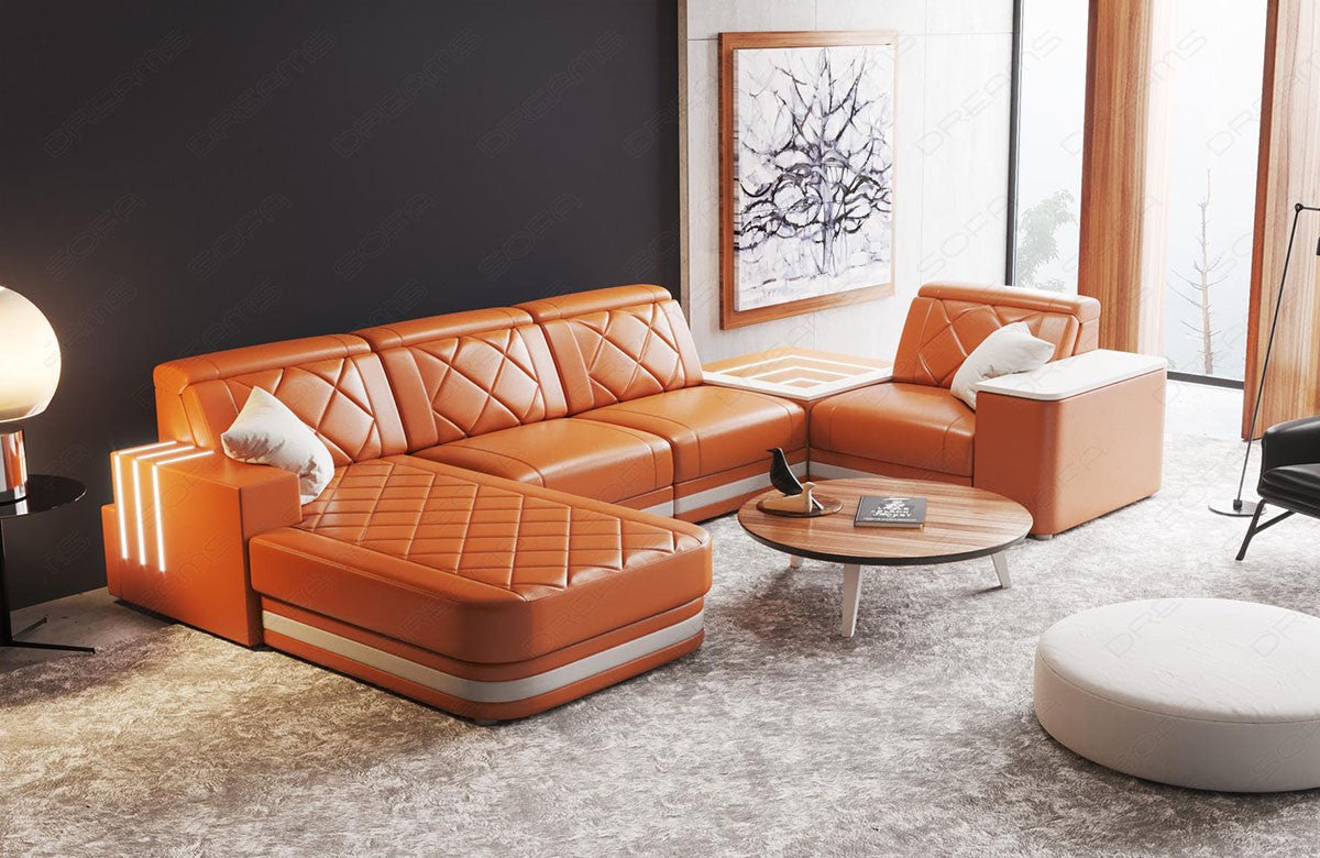 Ledersofa Wohnlandschaft Cesena U Form in orange-weiß mit LED Beleuchtung