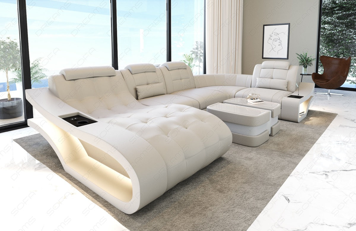 Mini Ledersofa Elegante U Form mit LED und USB in beige-weiss