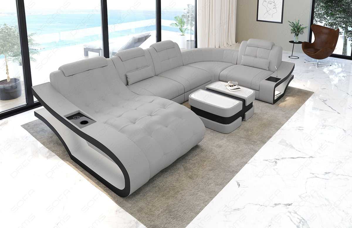 Mini Ledersofa Elegante U Form mit LED und USB in hellgrau-schwarz