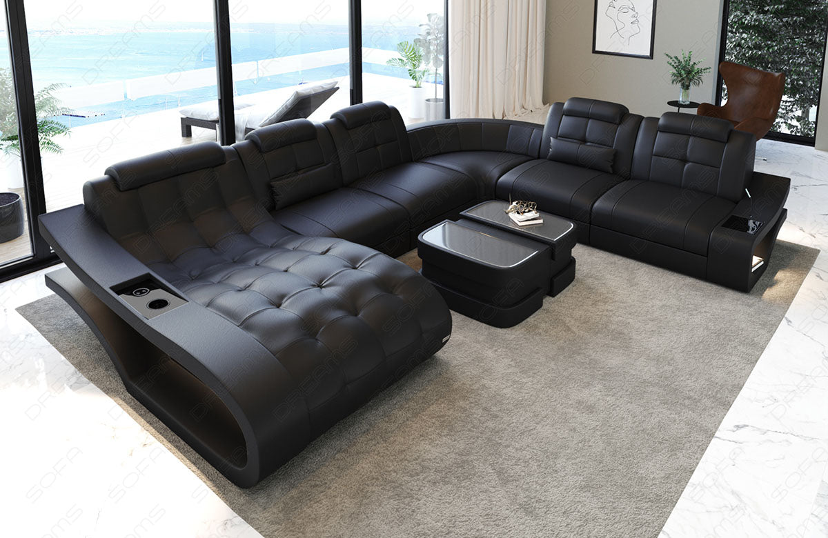 XXL Ledersofa Elegante als Mini Version mit Licht und USB in komplett schwarz