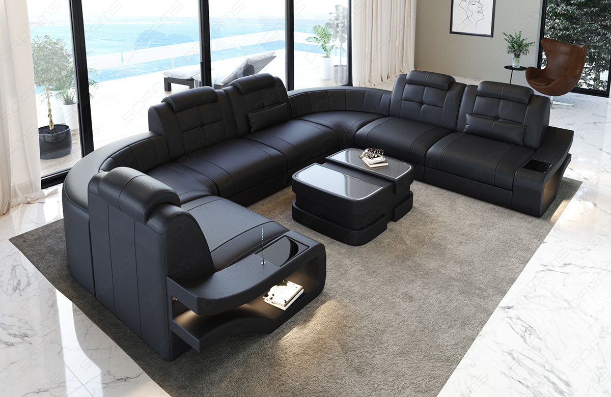 Moderne Ledersofa Wohnlandschaft Elena U Form in komplett schwarz