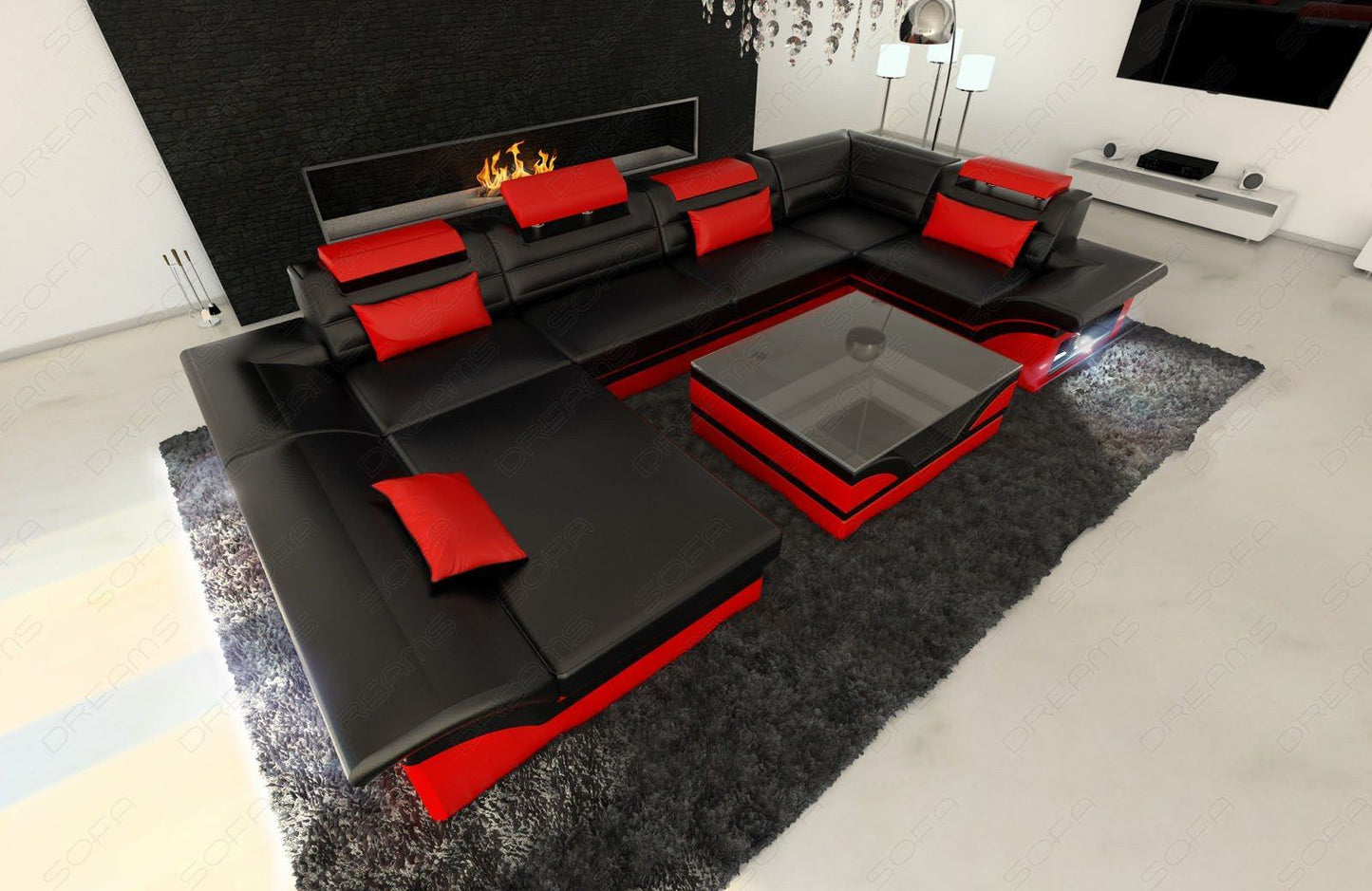 Luxus Wohnlandschaft Enzo U Form LED schwarz-rot