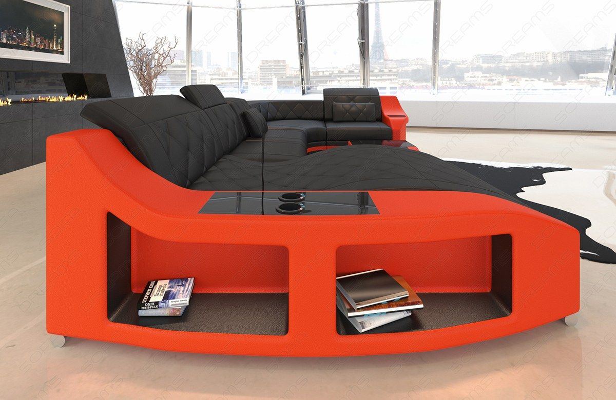 Design Sofa Swing U Form mit Beleuchtung und Ablageflächen in schwarz - orange