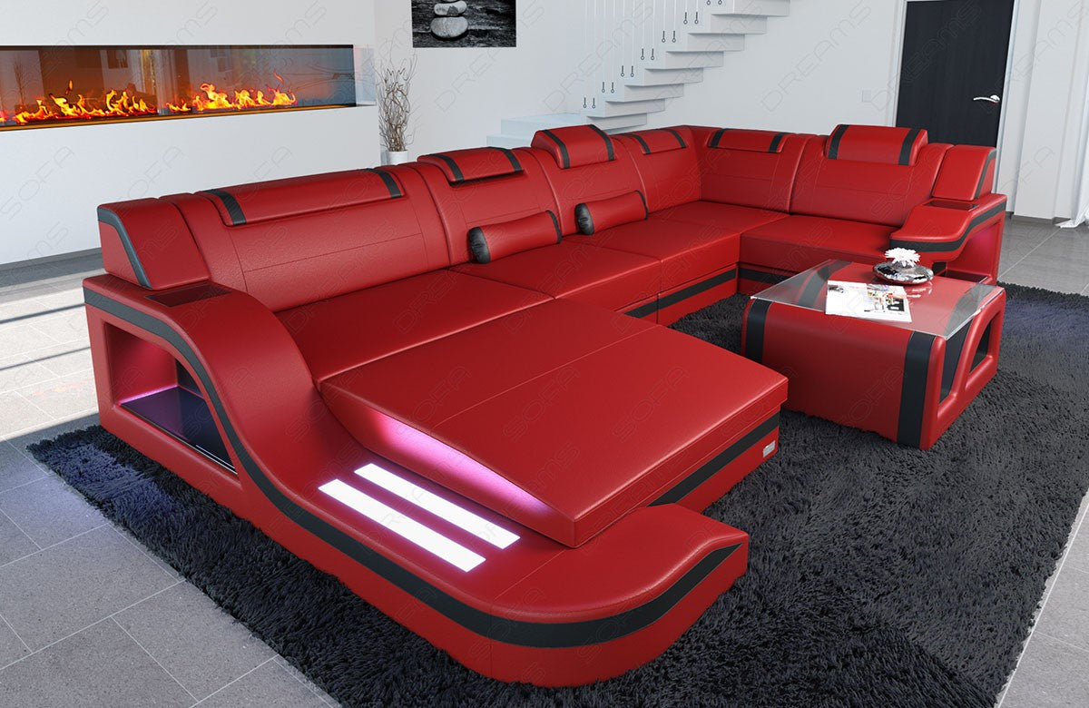 Leder Wohnlandschaft Palermo U Form in den Farben rot-schwarz