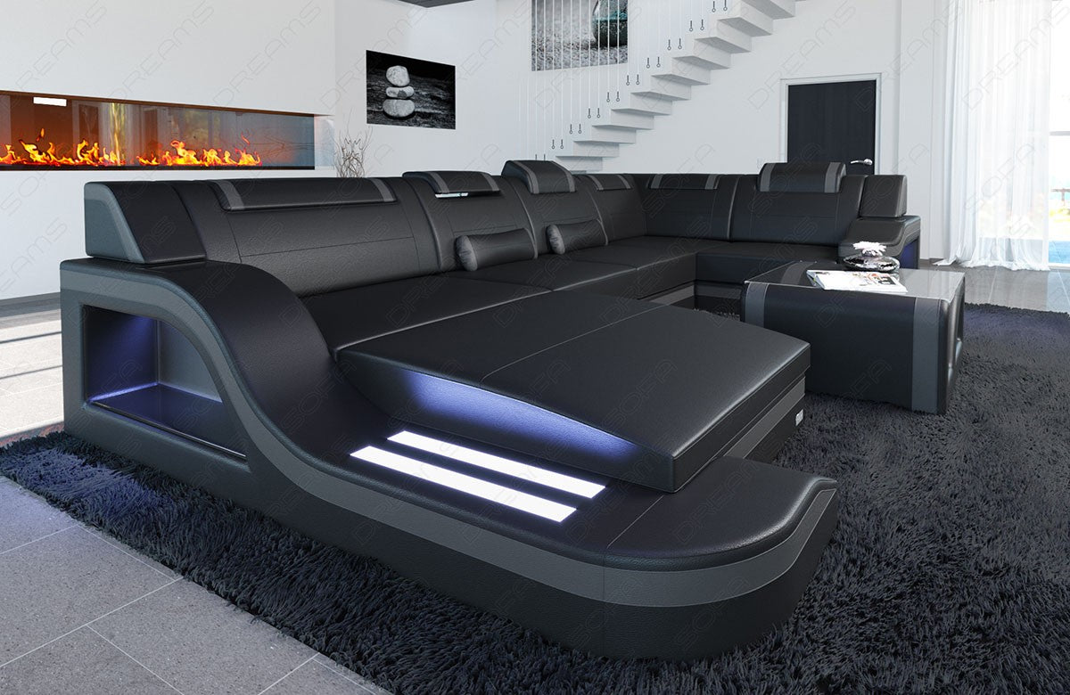 U Form Ledersofa Palermo mit LED Beleuchtung in den Farben schwarz-grau