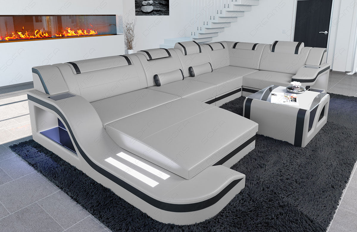 Leder Wohnlandschaft Palermo U Form in hellgrau-schwarz