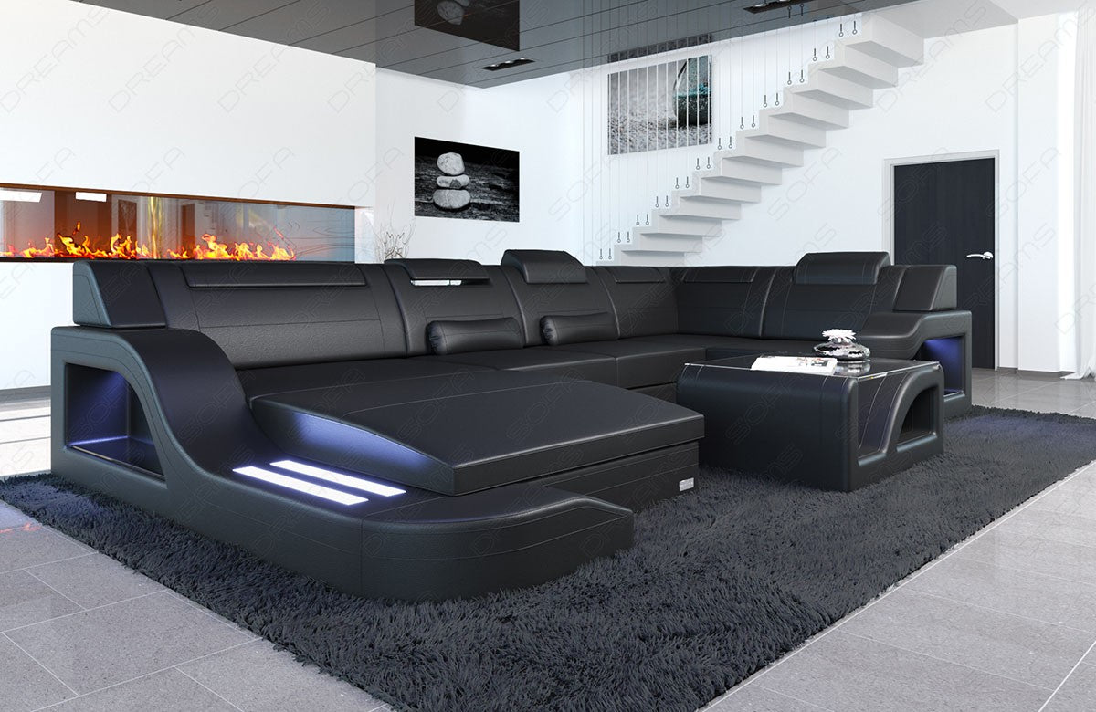 U Form Ledersofa Palermo mit LED Beleuchtung in den Farben schwarz