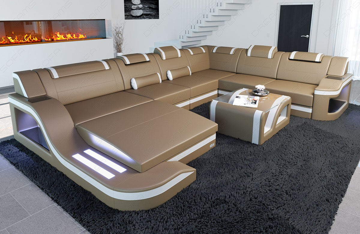 Leder Wohnlandschaft Palermo XXL mit LED in sandbeige-weiß