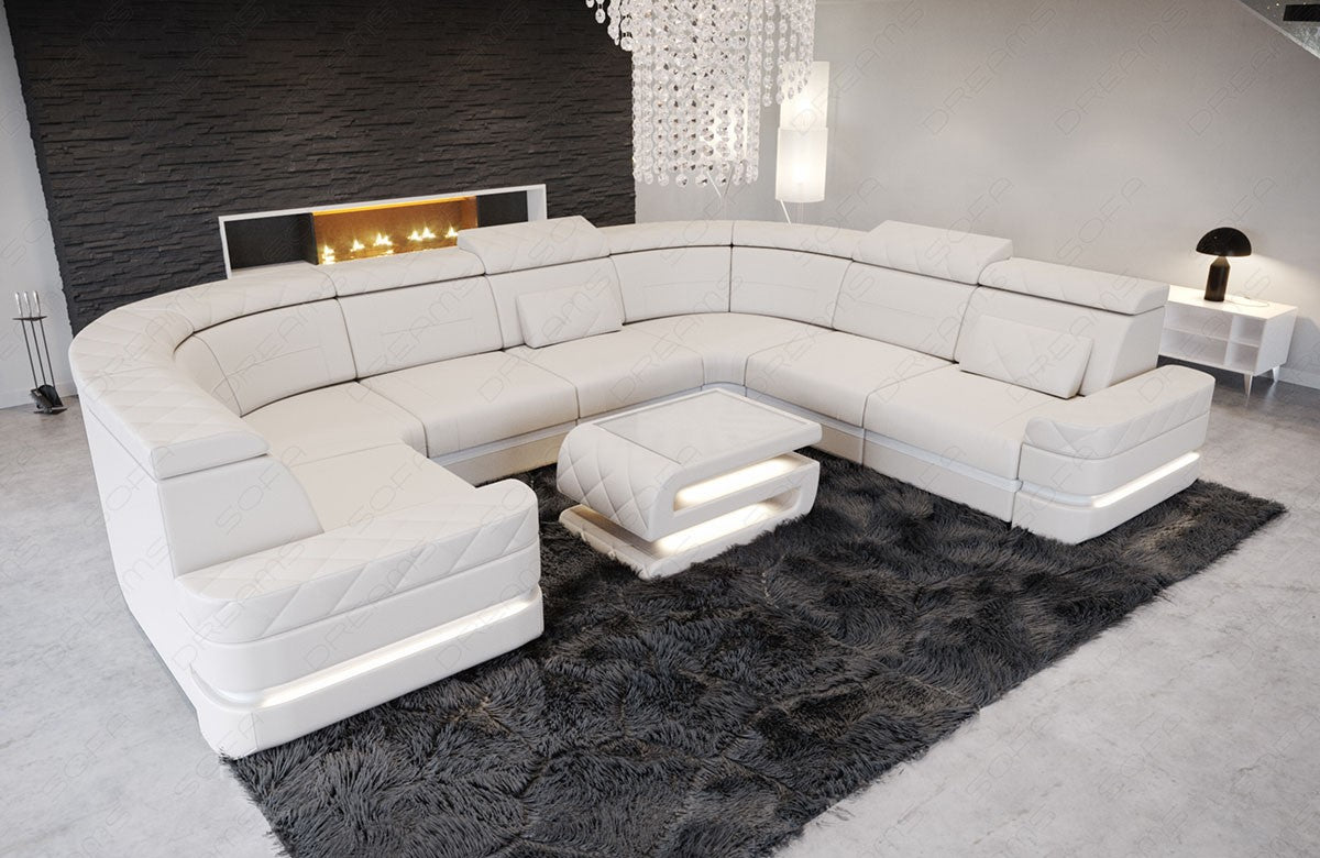 Designer Leder Wohnlandschaft Positano U Form in Beige-Weiß