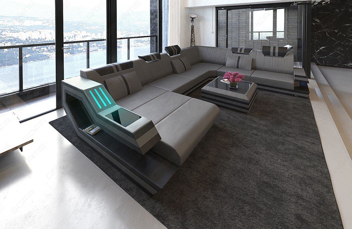 Sofagarnitur Ravenna XXL mit LED und USB in grau-schwarz