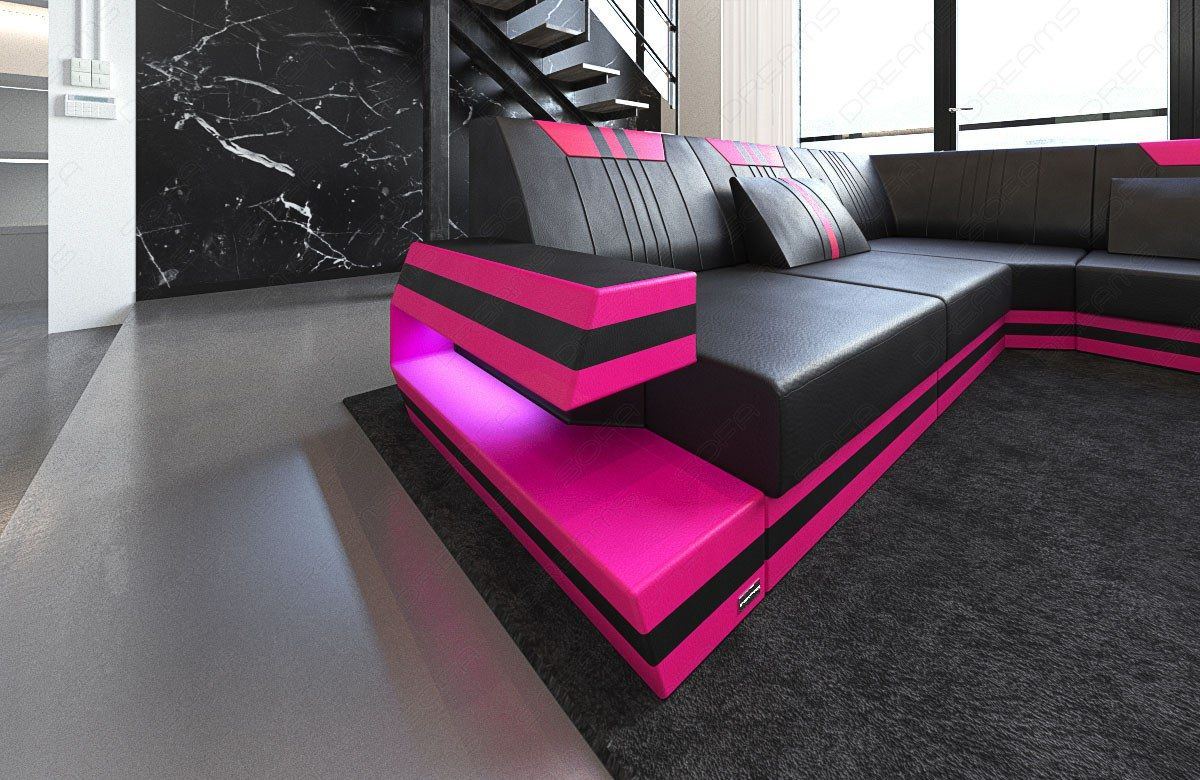 Ledersofa Ravenna in der U Form als XXL Variante mit LED und USB (schwarz-pink)