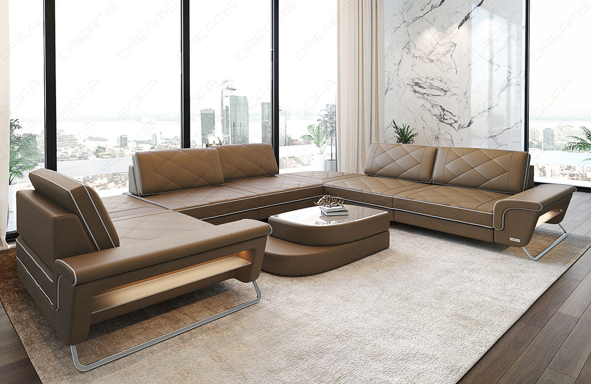 Moderne Leder Wohnlandschaft Rotello U Form in sandbeige-weiß