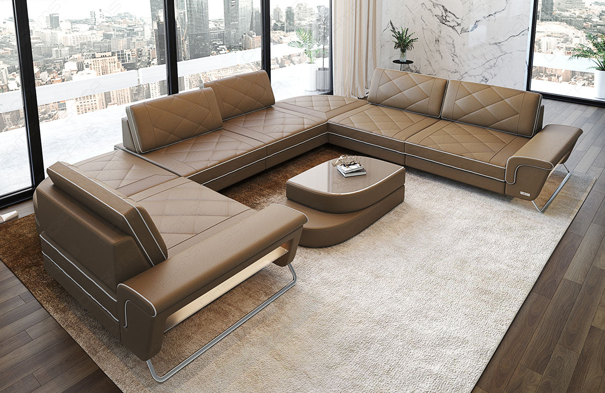 Luxus Leder Wohnlandschaft Rotello U Form in sandbeige-weiß