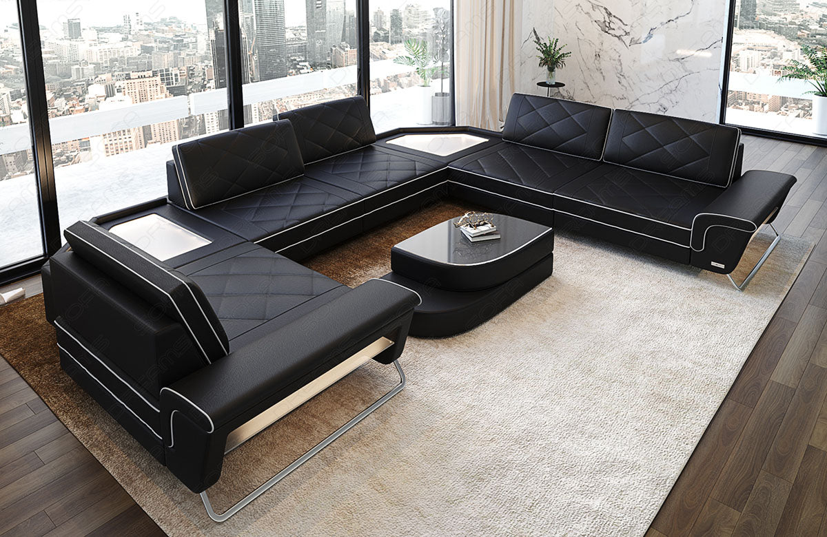 Leder Wohnlandschaft Sepino U Form in schwarz-weiß