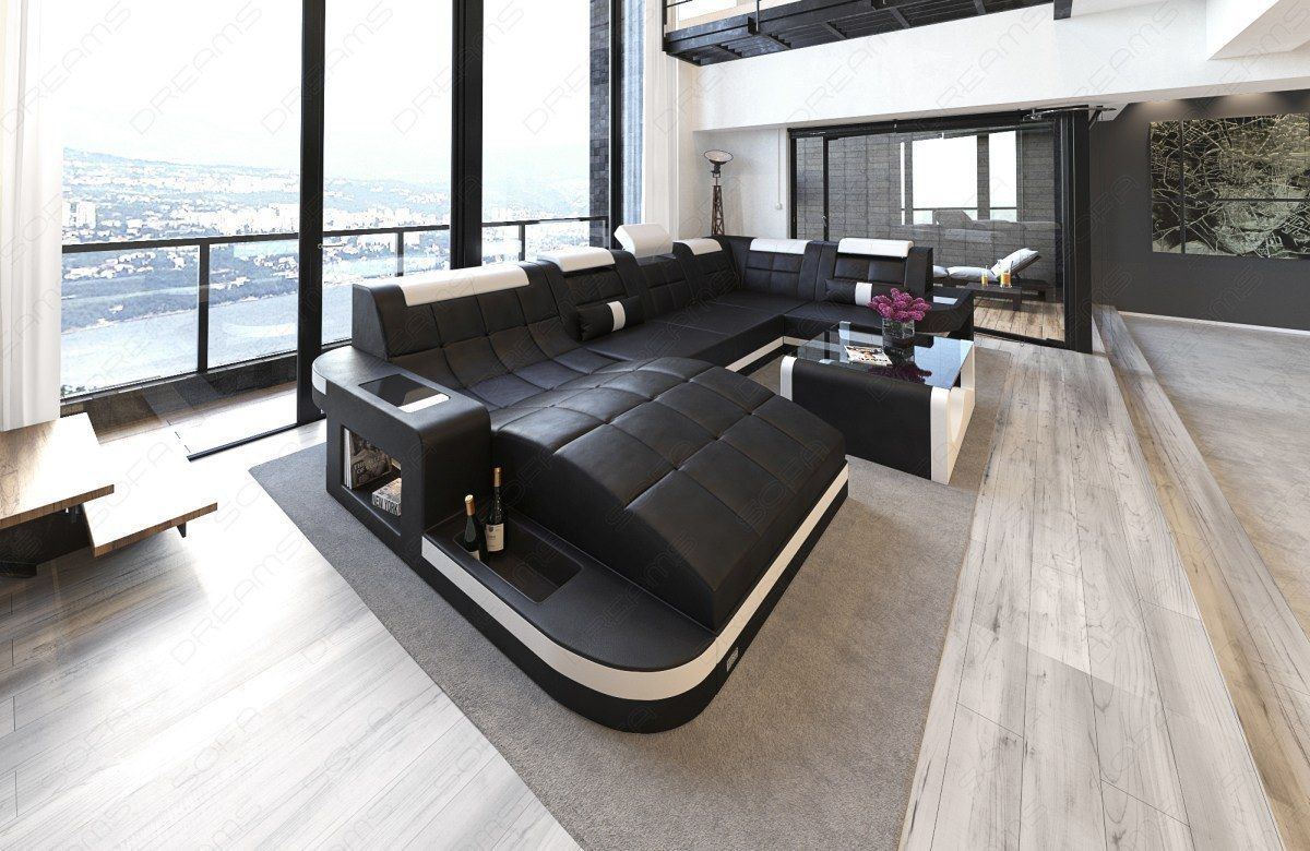 Ledersofa Wohnlandschaft Wave in schwarz-weiß