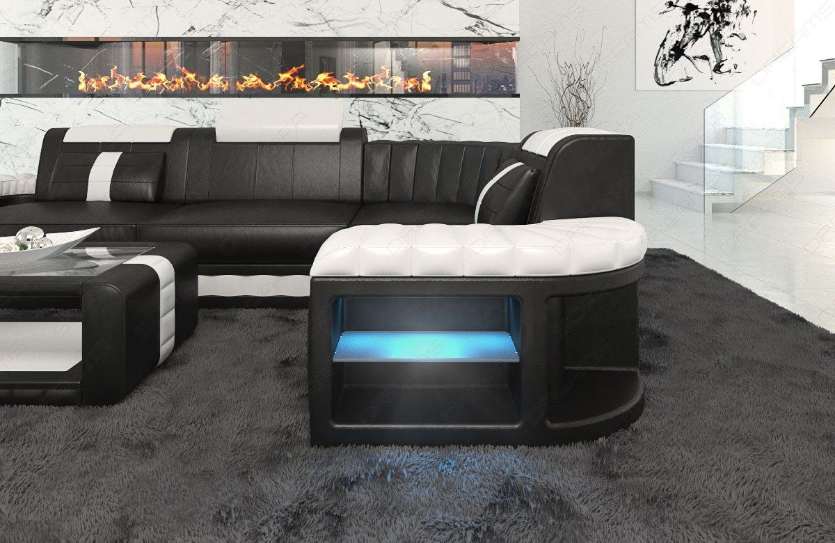 Leder Eck Couch Bergamo L Form LED in schwarz-weiss