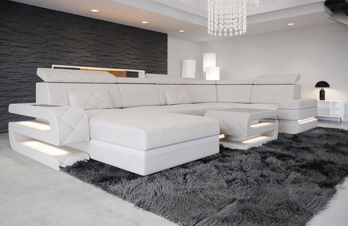 Ledersofa Bologna U Form Mini mit LED Licht und USB in beige-weiß