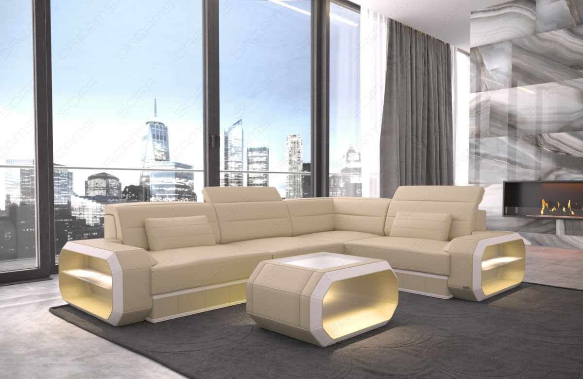 Leder Ecksofa Verona inklusive LED Beleuchtung in beige-weiss