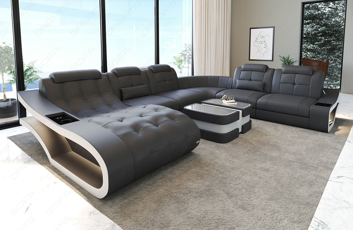 XXL Ledersofa Elegante als Mini Version mit Licht und USB in grau-weiss
