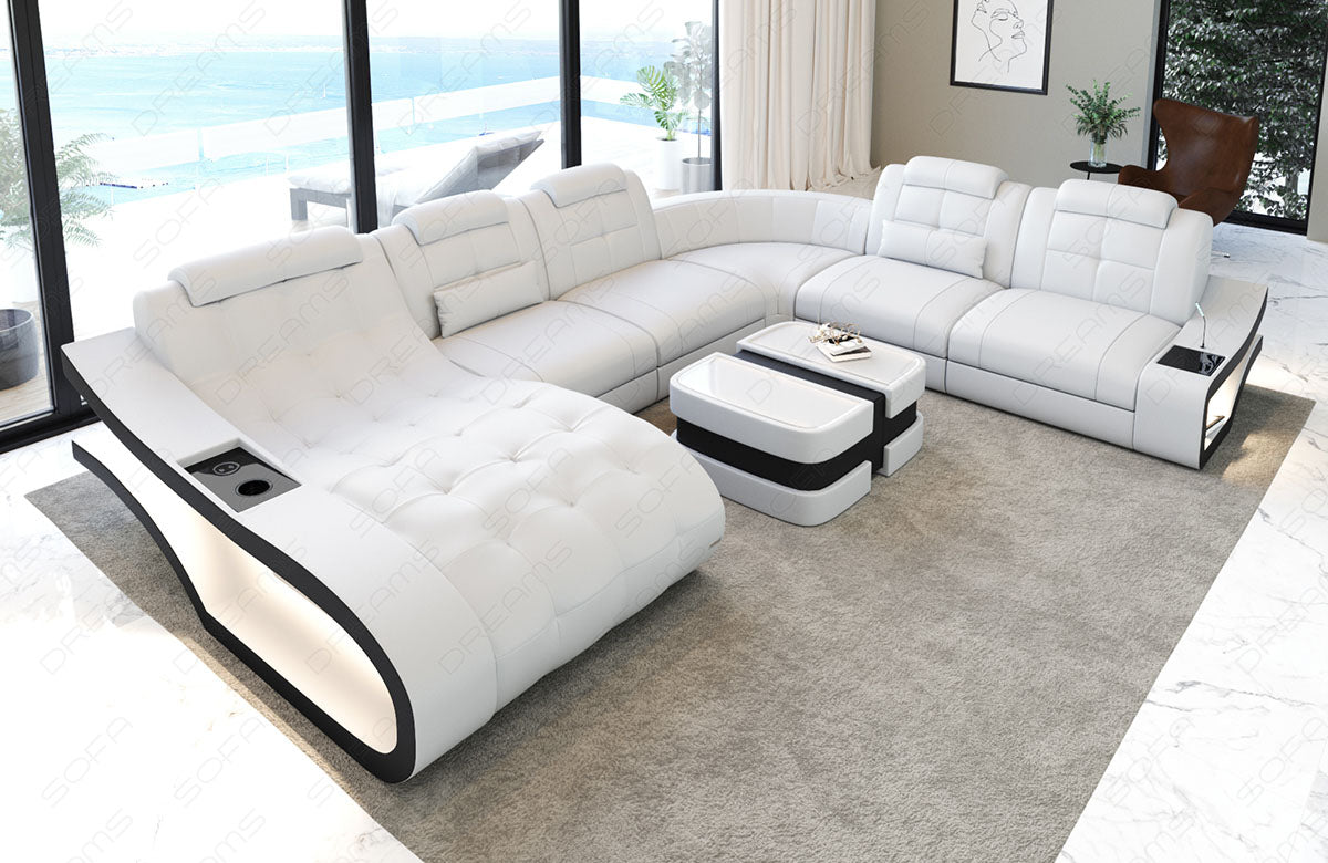 XXL Ledersofa Elegante als Mini Version mit Licht und USB in weiss-schwarz