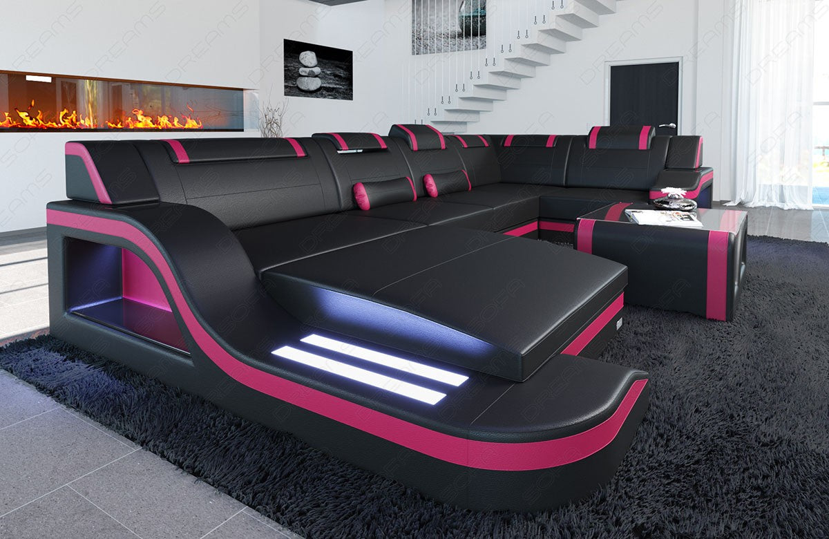 Designer Wohnlandschaft Palermo U Form mit LED in den Farben schwarz-pink