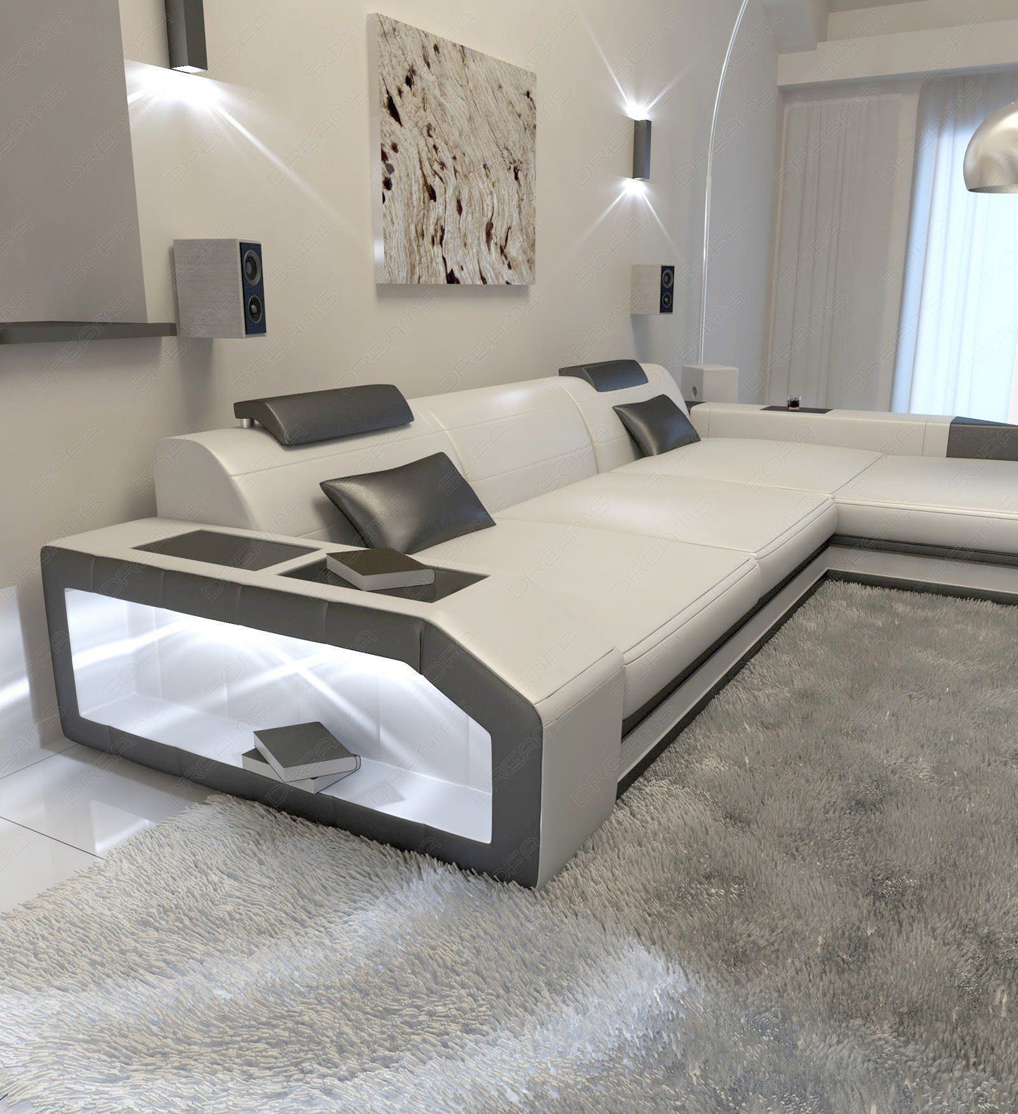 Mini Ledersofa Prato in der L Form in weiss-schwarz mit LED-Beleuchtung